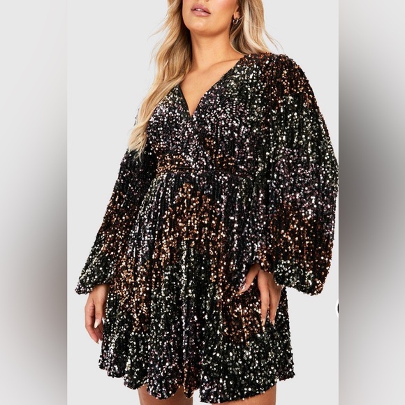 Boohoo rainbow sequin Blouson skater dress NWT size 14 - Picture 4 of 11